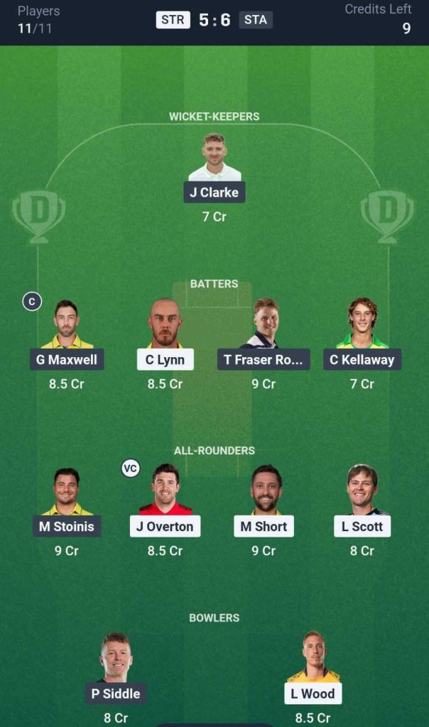STR vs STA Dream11 prediction team